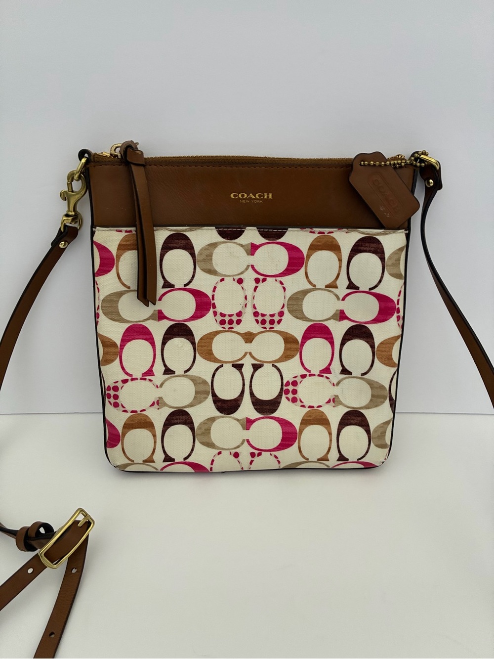 Vintage Coach Multicolor Signature "C" Crossbody Bag Brown Leather Trim